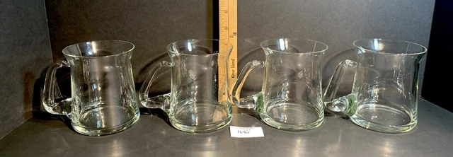 4 Clear Glass MUGS Applied Handle Flared Coffee Tea Cup Stein