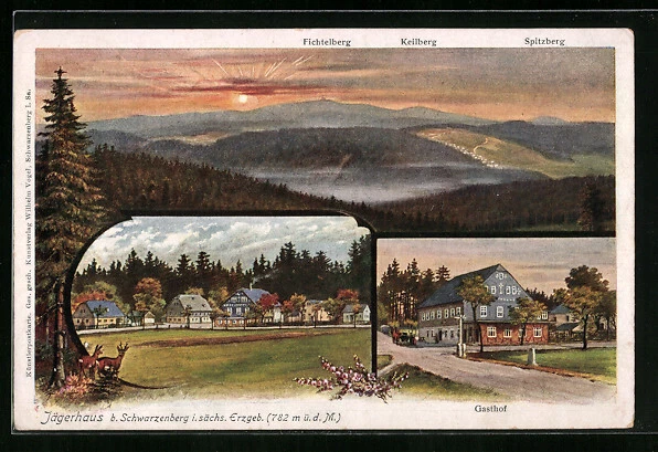 AK Schwarzenberg i. sächs. Erzgeb., Blick zum Jägerhaus, Blick auf Fichtelberg,