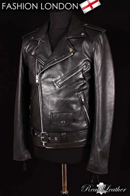 Mens BRANDO SLIM-FIT Leather Jacket Black Lambskin Smart Bikers Leather Jacket