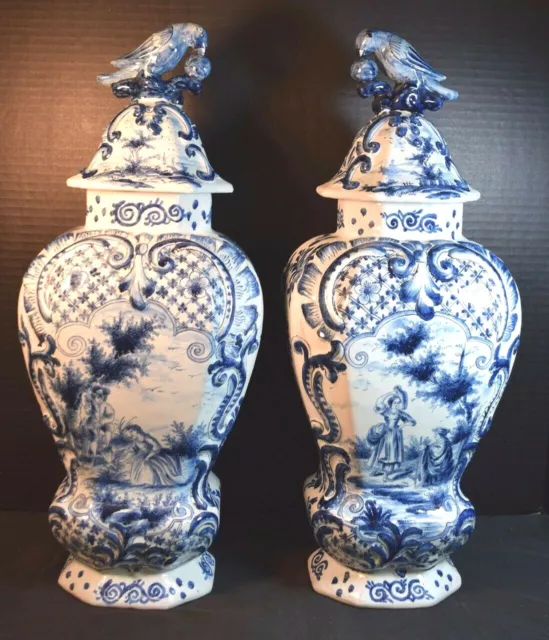 Great Pair of 18th Century Delft Blue and White Covered Urns