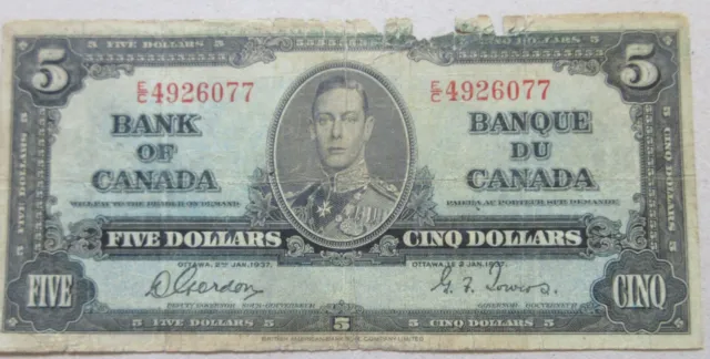 1937 Bank of Canada Five Dollars Bill. $5 Bank Note