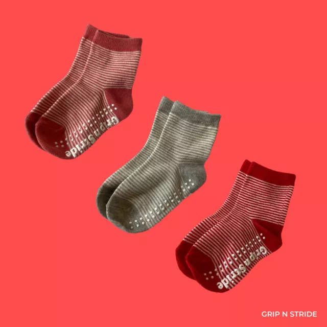 3 Pairs Girls Pink Grey Red Grip n Stride Non-Slip Baby Toddler Socks Anti-Slip