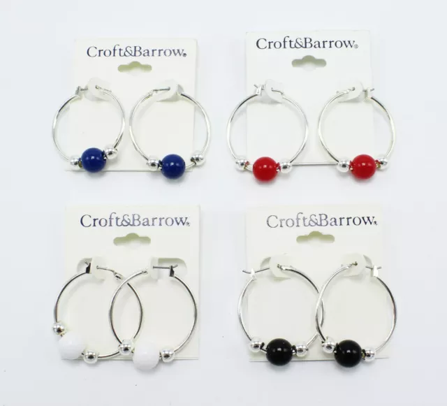 New Silver Tone Hoop Earrings with Colored Beads by Croft & Barrow #E1255