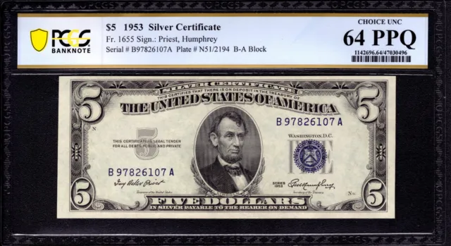 1953 $5 Silver Certificate Note Fr.1655 Ba Block Pcgs B Choice Unc Cu 64 Ppq