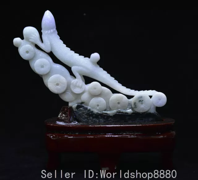 7.6" Old Chinese natural emerald jade carving animal lizard statue sculpture