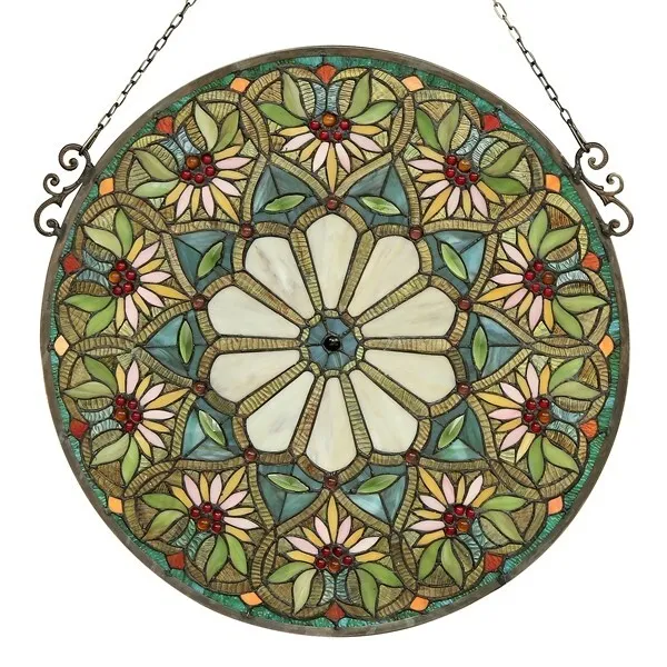 23.4" Tiffany Style stained glass Lush round realm hanging window panel