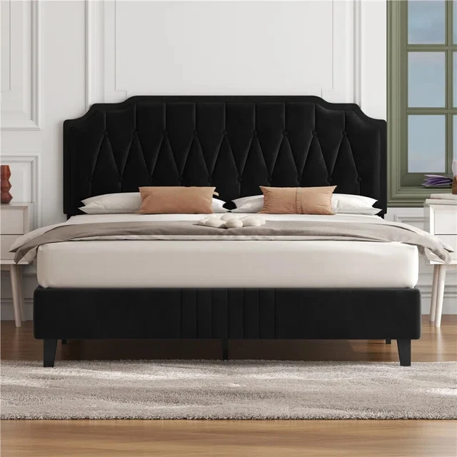 UPHOLSTERED BED FRAME, velvet Button Tufted Headboard . black .king
