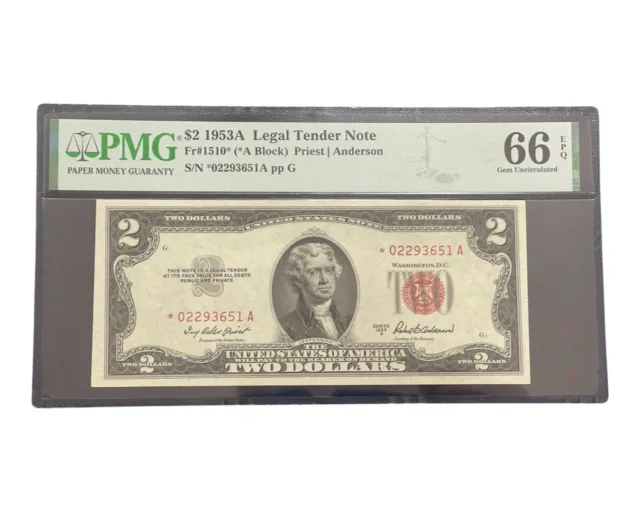 $2 Two Dollar 1953 A Star Legal Tender Note FR 1510* EPQ PPQ GEM UNC Note PMG 66