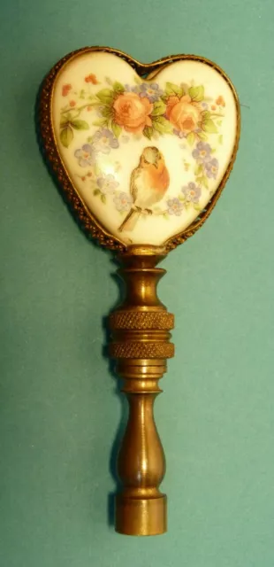 Vintage  Porcelain & Brass Heart Lamp Finial painted bird & flowers