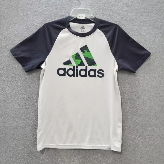 Adidas Boys Activewear Top XL White Logo Camo Short Sleeve Crew Neck Tee