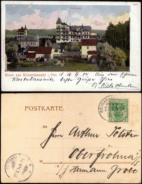 Ansichtskarte Bad Klosterlausnitz Kurhaus 1904     Oberfrohna (Ankunftsstempel)