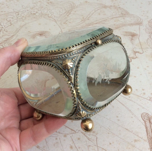 Boîte à Bijoux Ancienne En Verre Biseauté Et Laiton - Époque 1900 - Occasion - Décoration Vintage