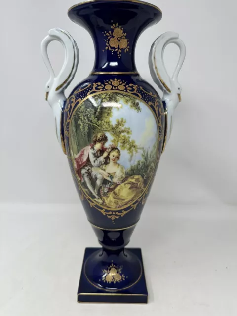 Limoges China Hand Painted Gold Accent 14.75" Vase Swan Handles