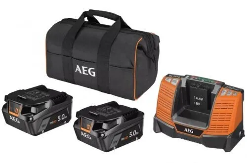AEG 18Volt PRO Set Completo Kit Caricabatterie 18V + 2 Batterie 5.0 Ah + Borsa