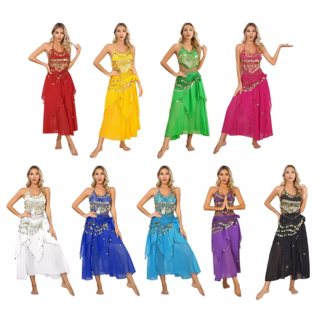 Womens Outfit Chiffon Belly Dance Halter Dance Costume Stage Hip Scarf Sequins