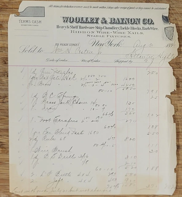 1896 Billhead New York City Wooley & Baynon Heavy & Shelf Hardware
