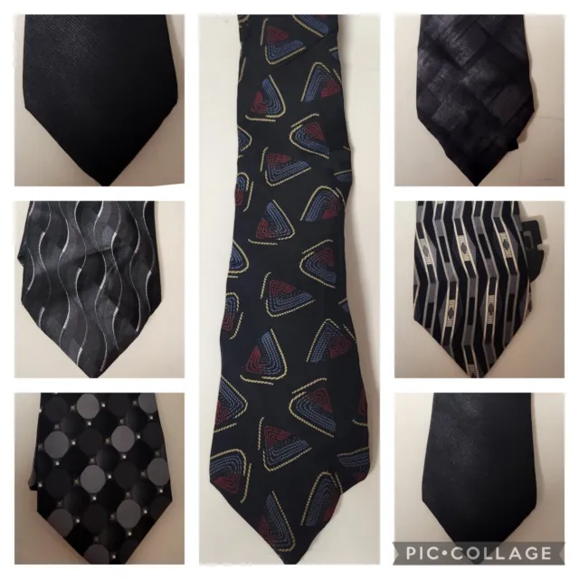 7 Pc Men's Ties 1980s 1990s Necktie Vintage Modern Silk Black Grey Print Solid