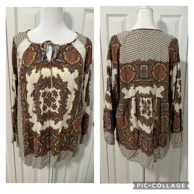 Umgee Large L Blouse Top Lace Boho Paisley Cream Brown Pullover Long Sleeve