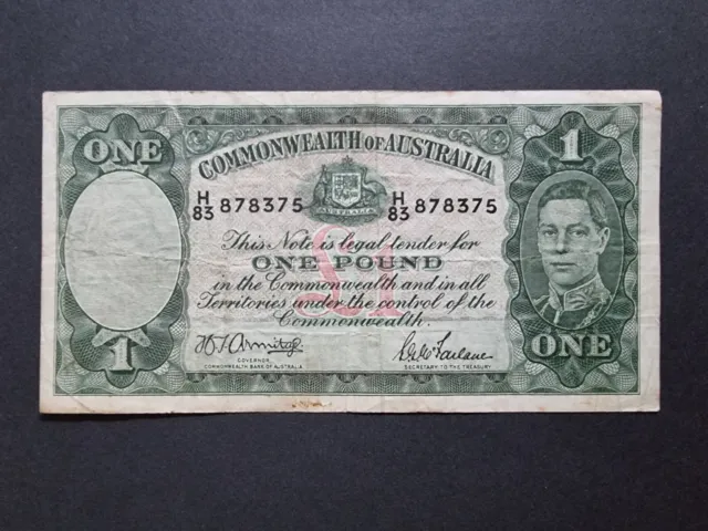 1942 Australian £1 Banknote - Armitage/McFarlane One Pound - H83 prefix KGVI