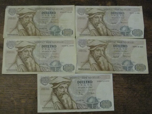 BELGIQUE: 5 x Billet de 1000 Francs Type: MERCATOR