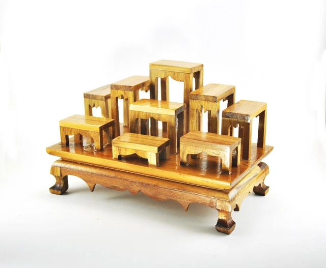 4.3" Tall Nice SET of 9 Thai Buddha Buddhist amulet strong Teak Wood Altar Table
