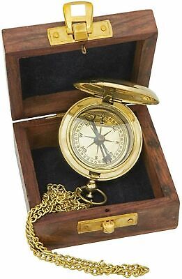 Antique Nautical 2" Brass Compass With Wooden Box Vintage Maritime Decor gift-