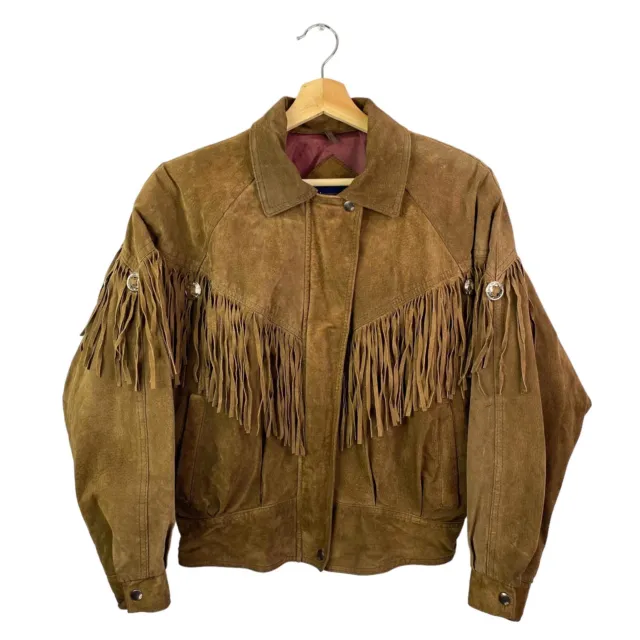 VTG Brown Leather Sued Fringe Motorcycle 80s/90s Western Tan Jacket Size Medium