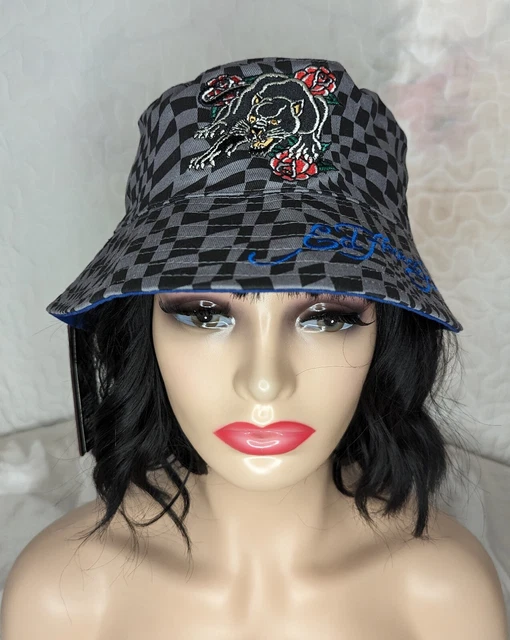 NWT, ED HARDY Panther Checkers Print Bucket Hat Reversible Unisex