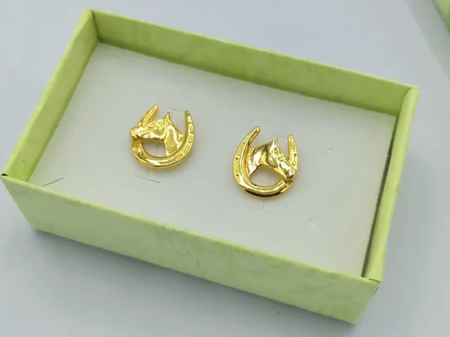 Horse  & Horseshoe Stud Earrings Gold Tone Metal Pierced