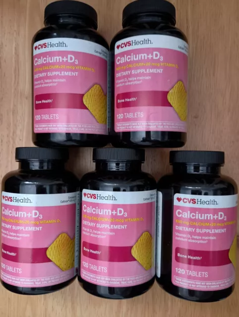 Pack de 5 comprimidos CVS Health calcio 600 mg y vitamina D3, 120 ct cada uno por botella