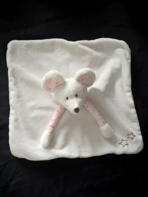 Doudou Plat Souris Blanc Pois Etoiles roses Brodées Obaidi Okaidi