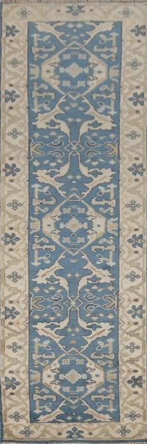 Alfombra de lana azul claro hecha a mano Oushak corredor indio 3x10 pasillo oriental
