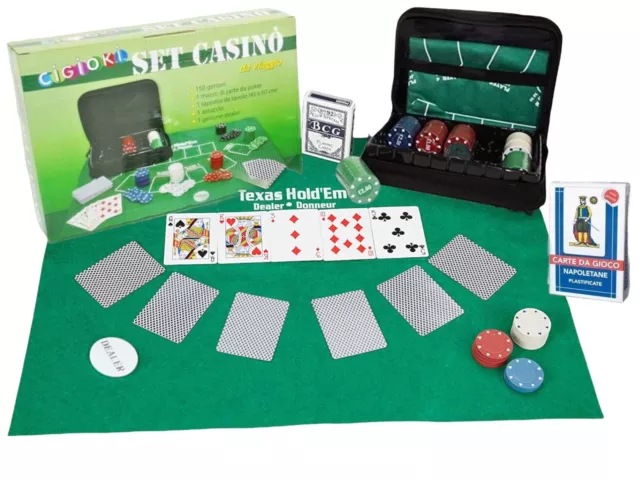 Set da Poker 150 Fiches 2 mazzi carte panno gettone Dealer gioco Texas Hold'em