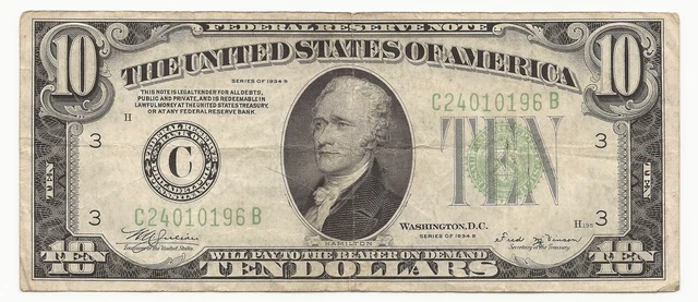 1934-B $10 Dollar Bill Federal Reserve Note FRN Philadelphia 196B-ACN