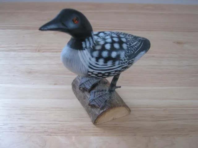 Hand-Carved & Hand-Painted Standing Wooden Loon on Log