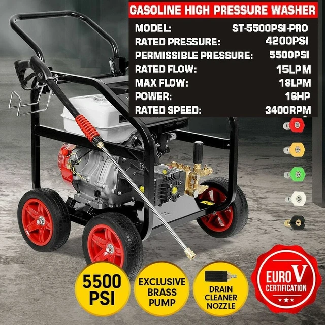 High Pressure Professional Washer 5500PSI 16HP Petrol Engine 20M Hose Cleaner