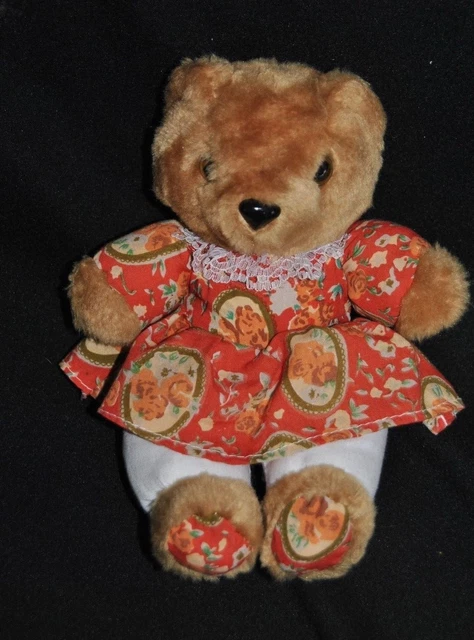 Peluche Doudou Ours FRANCOISE SAGET Robe Rouge Fleur Dentelle Col 24 Cm TTBE