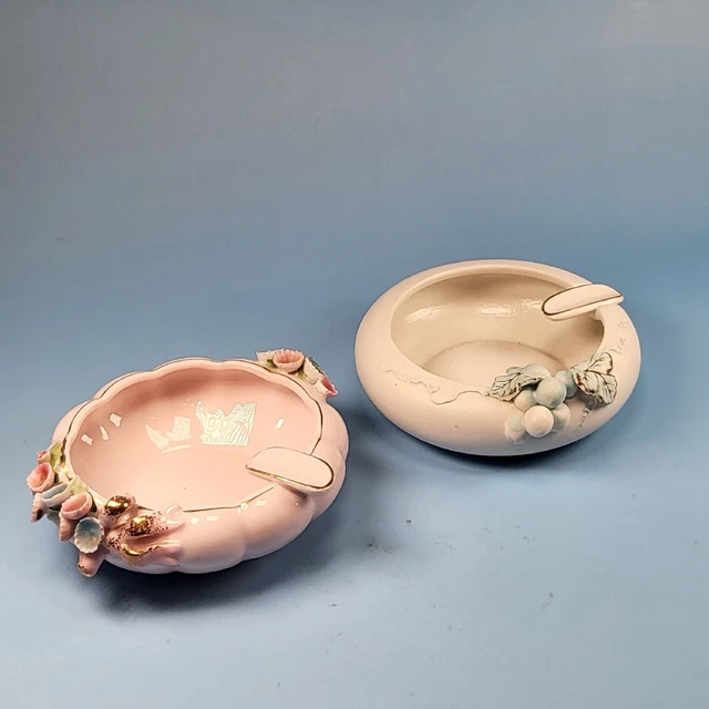 Lefton Applied Flower Personal Ashtray Capodimonte Set of 2 Pink Blue Floral