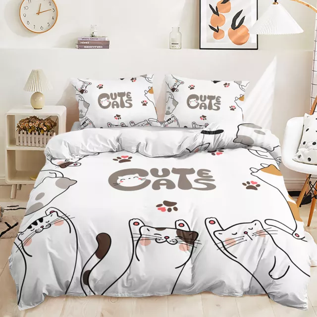 Flowers Pet Cats Jolly Cat Cartoon Animal Print Doona Duvet Quilt Cover Bed Set 2