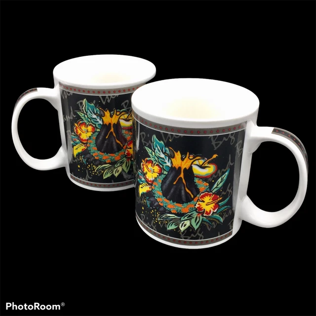 Pair Vtg 2002 Hilo Hattie Hawaii Big Island Mug Island Heritage Black Volcano