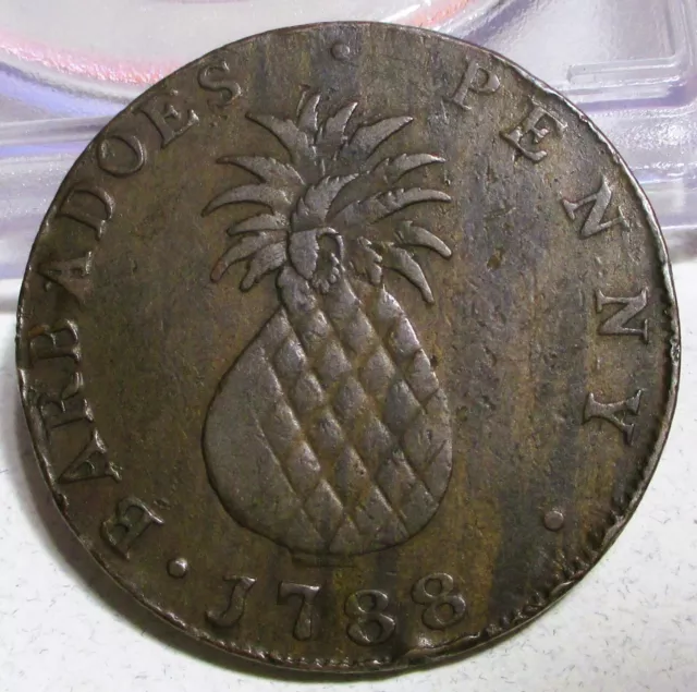 1788 Barbados Penny Large Head & Large Pineapple Vf+ Coin.