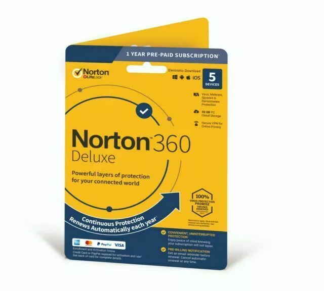 Norton 360 Deluxe Protection & Antivirus for 5 Devices - 1 Year - Sent to Email