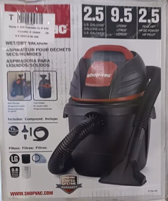 SHOP-VAC 9303511 Shop Vacuum,2.5 gal,Plastic,60 cfm