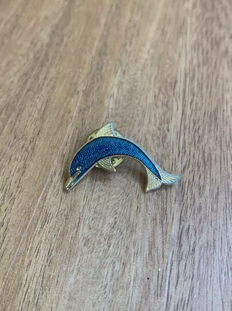 Vintage Goldtone Blue Enamel Jumping Dolphin Pin Brooch