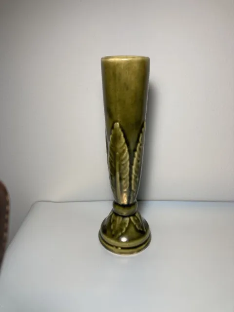 Vintage MJ Brush Art Nouveau Green Ceramic Bud Vase