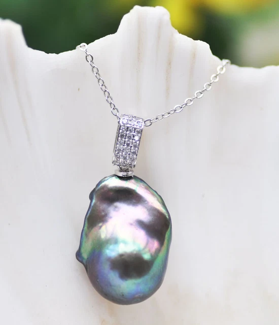 Slick 26mm Peacock-Black Baroque Reborn Keshi Pearl Pendant CZ