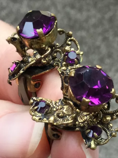 Vintage Czech Filigree Clip On Earrings Gold Tone & Purple Glass Beads, Clips