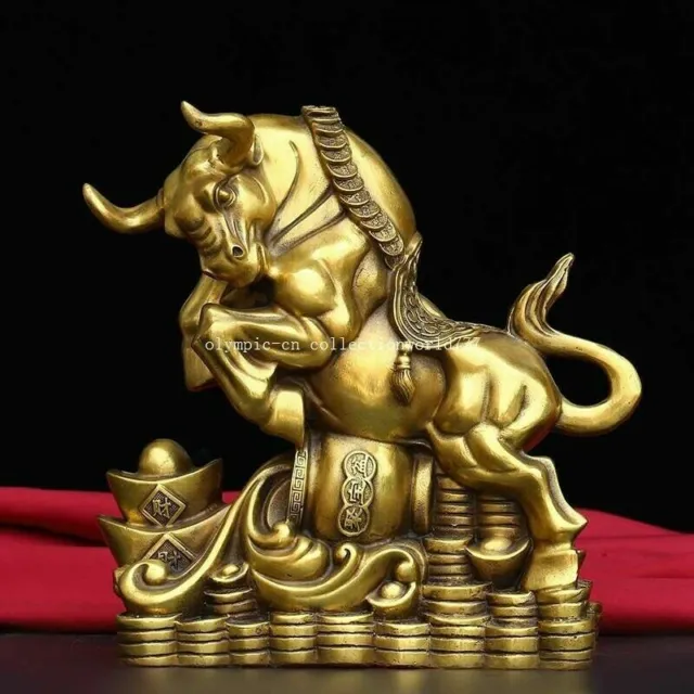 8 inch brass home feng shui treasure Wealth fortune cornucopia animal ox bull