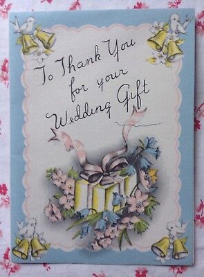 Vintage 1940s UNUSED Wedding Gift Thank You Greeting Card Bells, Birds, Flowers