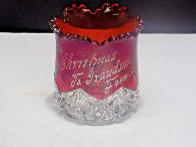Jefferson Glass Diamond with Peg Souvenir EAPG Ruby Stained Toothpick Holder